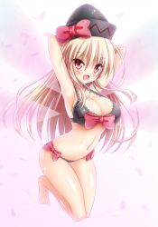 Rule 34 | 1girl, aged up, arms behind head, black bra, black hat, black panties, blonde hair, blush, bra, breasts, cherry blossoms, cleavage, commentary request, hair between eyes, hat, highres, large breasts, lily black, lily white, navel, osashin (osada), panties, red eyes, red ribbon, ribbon, shiny skin, simple background, smile, solo, touhou, transparent wings, underwear