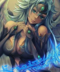 Rule 34 | 1girl, angel, angel wings, aqua eyes, aqua hair, bad id, bad pixiv id, bare shoulders, breasts, breasts squeezed together, center opening, circlet, cleavage, dark angel metatron (p&amp;d), detached sleeves, eyelashes, feathered wings, female focus, flipped hair, hair between eyes, hands on own chest, head tilt, highres, large breasts, lips, long hair, looking at viewer, puzzle &amp; dragons, runes, shoichi (ekakijin), sleeves past wrists, solo, upper body, wavy hair, wings