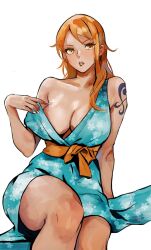 Rule 34 | 1girl, artist request, ass, breasts, highres, japanese clothes, large breasts, lips, nami (one piece), nami (one piece) (wano), obi, one piece, sash, shiny skin, shoulder tattoo, sitting, solo, tattoo, thighs, vcais, white background, wide hips