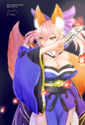 Rule 34 | 1girl, absurdres, animal ear fluff, animal ears, artist name, bare shoulders, blue kimono, blue ribbon, breasts, cleavage, dated, detached sleeves, fate/extella, fate/extra, fate/extra ccc, fate/grand order, fate (series), fire, fox ears, fox girl, fox tail, hair ribbon, highres, japanese clothes, kimono, large breasts, looking away, pink hair, ribbon, solo, tail, tamamo (fate), tamamo no mae (fate/extra), winsankemonodou, yellow eyes