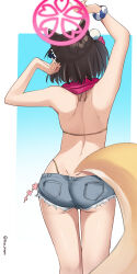 Rule 34 | 1girl, absurdres, animal ears, arms up, ass, bare arms, bare back, bare shoulders, black hair, blue archive, cowboy shot, fox ears, fox tail, grey shorts, hair ornament, highres, izuna (blue archive), izuna (swimsuit) (blue archive), pinepin, pom pom (clothes), short hair, short shorts, shorts, solo, standing, tail, thighs, underbutt