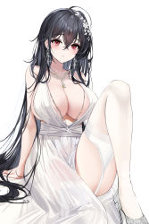 Rule 34 | 1girl, absurdres, ahoge, azur lane, bare arms, black hair, blush, breasts, cleavage, closed mouth, dress, earrings, garter straps, hair between eyes, hair ornament, high heels, highres, jewelry, knee up, large breasts, lillly, long hair, looking at viewer, necklace, official alternate costume, plunging neckline, red eyes, see-through, see-through dress, simple background, sitting, solo, taihou (azur lane), taihou (temptation on the sea breeze) (azur lane), thighhighs, very long hair, wedding dress, white background, white dress, white thighhighs