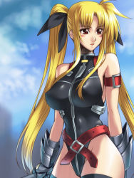 Rule 34 | 00s, 1girl, bad id, bad pixiv id, bardiche (nanoha), belt, black thighhighs, blonde hair, breasts, covered erect nipples, fate testarossa, fate testarossa (true sonic form), gauntlets, hair ribbon, large breasts, leotard, long hair, looking to the side, lyrical nanoha, magical girl, mahou shoujo lyrical nanoha, mahou shoujo lyrical nanoha strikers, parted lips, red eyes, ribbon, rindou akira, solo, thighhighs, twintails, very long hair