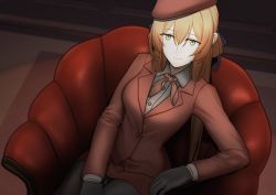 Rule 34 | 1girl, absurdres, alternate costume, armchair, beret, black gloves, black pantyhose, blue ribbon, breasts, chair, closed mouth, commentary, english commentary, feet out of frame, floor, girls&#039; frontline, gloves, green eyes, hair ornament, hair ribbon, hair rings, hat, highres, jacket, long hair, long sleeves, looking at viewer, macayase, necktie, orange hair, pantyhose, red hat, red jacket, red necktie, red skirt, ribbon, shirt, simple background, sitting, skirt, smile, solo, springfield (girls&#039; frontline), white shirt