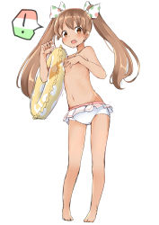 Rule 34 | !, 10s, 1girl, bare legs, barefoot, bikini, bikini bottom only, blush, breasts, brown eyes, brown hair, convenient censoring, covering breasts, covering privates, dark-skinned female, dark skin, flat chest, full body, hair ribbon, highres, holding, innertube, italian flag, kantai collection, libeccio (kancolle), long hair, looking at viewer, navel, open mouth, polka dot, polka dot ribbon, ribbon, sekira ame, simple background, sketch, small breasts, solo, speech bubble, spoken exclamation mark, stomach, surprised, swim ring, swimsuit, topless, twintails, white background, white bikini