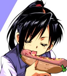 Rule 34 | 1boy, black hair, blue vest, blush, commentary request, closed eyes, hair ornament, high ponytail, hot dog, hot dog bun, kamisimo 90, ketchup, licking, male focus, mustard, open mouth, original, panties, ponytail, ponytail boy (kamisimo 90), saliva, sexually suggestive, shirt, tongue, tongue out, trap, underwear, vest, white shirt