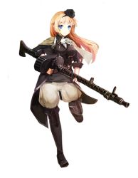 Rule 34 | 1girl, belt, blonde hair, blue eyes, blush stickers, boots, coat, double-drum magazine, drum magazine, eyebrows, finger on trigger, full body, garrison cap, general-purpose machine gun, girls&#039; frontline, gun, hairband, hat, high-capacity magazine, highres, holding, holding gun, holding weapon, long hair, looking at viewer, machine gun, magazine (weapon), mg34 (girls&#039; frontline), mg 34, military, military uniform, neckerchief, official art, parted lips, personification, saddle-drum, solo, standing, standing on one leg, thigh boots, thighhighs, transparent background, uniform, weapon, wehrmacht