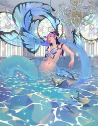 Rule 34 | 1girl, black hair, breasts, bug, butterfly, butterfly bikini, chandelier, delicourse, double bun, fingernails, hair bun, highres, insect, jojo no kimyou na bouken, kuujou jolyne, lips, long fingernails, long hair, mermaid, monster girl, monsterification, multicolored hair, navel, navel piercing, partially submerged, piercing, pink hair, red lips, small breasts, solo, stained glass, two-tone hair, water