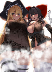 Rule 34 | 2girls, black hair, blonde hair, bow, breasts, convenient censoring, female pubic hair, frilled bow, frills, hair bow, hair tubes, hakurei reimu, hat, highres, kirisame marisa, large breasts, lingerie, long hair, multiple girls, navel, nipples, panties, pubic hair, pussy, red bow, red eyes, see-through, sidelocks, simple background, steam, steam censor, steaming body, striped clothes, striped legwear, striped thighhighs, textless version, thighhighs, touhou, underwear, white background, white legwear, witch hat, yellow eyes, yukito (dreamrider)