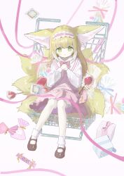 Rule 34 | 1girl, absurdres, animal ears, arknights, bad hands, blonde hair, brown footwear, candy, commentary, food, fox ears, fox girl, fox tail, full body, gift, green eyes, hairband, highres, in basket, kitsune, lollipop, long hair, looking at viewer, mary janes, mikeneko90, multiple tails, parted lips, pink ribbon, pink skirt, ribbon, shirt, shoes, simple background, skirt, socks, solo, suzuran (arknights), tail, white background, white hair, white shirt, white socks, wrapped candy