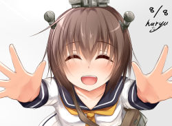 Rule 34 | 10s, 1girl, blush, blush stickers, brown hair, dated, dress, closed eyes, facing viewer, hair ornament, haryuu (poetto), kantai collection, sailor dress, school uniform, short hair, signature, smile, solo, yukikaze (kancolle)