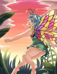 Rule 34 | 1girl, antennae, aqua hair, barefoot, blue hair, butterfly wings, cloud, commentary, dress, eternity larva, grass, green dress, hair ornament, houshiruri, insect wings, leaf, leaf on head, looking at viewer, looking back, no panties, open mouth, short hair, short sleeves, solo, sunset, touhou, wings, yellow eyes