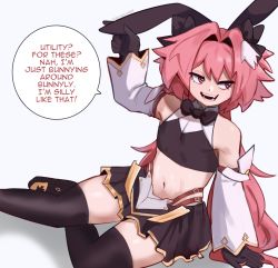 Rule 34 | 1boy, animal ears, arm support, astolfo (fate), astolfo (saber) (fate), bare shoulders, black bow, black gloves, black skirt, black thighhighs, bow, detached sleeves, english text, fake animal ears, fate/grand order, fate (series), gloves, hair bow, highres, long hair, looking to the side, male focus, midriff, multicolored hair, navel, open mouth, pink eyes, pink hair, rabbit ears, sitting, skirt, sky guy art, smile, solo, speech bubble, streaked hair, thighhighs, trap, very long hair, white hair