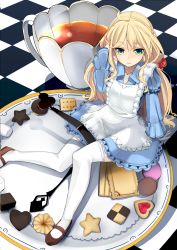 Rule 34 | 1girl, ahoge, alice (alice in wonderland), alice in wonderland, apron, arm support, baicha, between legs, blonde hair, blue dress, cake, checkerboard cookie, checkered floor, chocolate, clock, cookie, cracker, cup, dress, food, frills, green eyes, tucking hair, highres, long hair, original, scrunchie, sitting, sitting on object, solo, teacup, thighhighs, thumbprint cookie, white thighhighs
