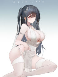 Rule 34 | 1girl, absurdres, azur lane, backless outfit, bad id, bad pixiv id, black hair, breasts, center opening, cocktail dress, dress, earrings, evening gown, gradient background, hair between eyes, hair ornament, halter dress, halterneck, highres, jewelry, large breasts, long hair, looking at viewer, official alternate costume, plunging neckline, red eyes, ritalem, satin dress, simple background, sleeveless, sleeveless dress, solo, taihou (azur lane), taihou (temptation on the sea breeze) (azur lane), thighhighs, thighs, white dress, white thighhighs