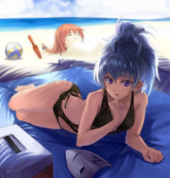 Rule 34 | 2girls, :3, alternate costume, bad feet, ball, barefoot, beach, beach towel, big hair, bikini, black bikini, blush, box, braid, breasts, buried, chibi, chibi inset, clenched hand, closed eyes, cloud, cooler, darker than black, day, hair ribbon, hand on own chin, high ponytail, kabocha, kabocha (monkey4), lace, long hair, looking at viewer, lying, mask, unworn mask, mat, multiple girls, o-ring, o-ring bikini, o-ring top, ocean, on back, on side, open mouth, orange hair, outdoors, pinky out, planted, planted shovel, ponytail, purple eyes, ribbon, shade, short hair, shovel, side-tie bikini bottom, silver hair, single braid, sky, slingshot swimsuit, small breasts, solo focus, spade, stroking own chin, suou pavlichenko, sweat, swimsuit, towel, volleyball, volleyball (object), water, weapon, yin (darker than black)