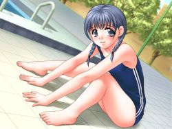 Rule 34 | 1girl, barefoot, braid, character request, fifteen ~school girls digital tokuhon~, joy ride, looking at viewer, one-piece swimsuit, sitting, solo, swimsuit, tagme, twin braids, twintails