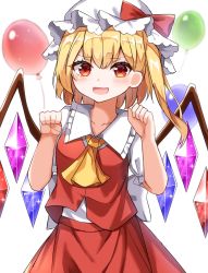 Rule 34 | 1girl, ascot, balloon, blonde hair, blush, bow, crystal, fang, flandre scarlet, frilled shirt, frilled shirt collar, frilled skirt, frilled sleeves, frills, hat, hat ribbon, highres, kiui (dagk8254), looking at viewer, mob cap, puffy short sleeves, puffy sleeves, red bow, red eyes, red skirt, red vest, ribbon, shirt, short hair, short sleeves, side ponytail, simple background, skirt, smile, solo, touhou, vest, wings, yellow ascot