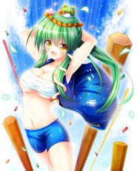 Rule 34 | 1girl, alternate hairstyle, armpits, arms behind head, arms up, bike shorts, breasts, chest sarashi, collarbone, confetti, cowboy shot, frog hair ornament, green hair, hair ornament, highres, kochiya sanae, large breasts, long hair, navel, open clothes, open mouth, open vest, osashin (osada), pillar, ponytail, sarashi, smile, snake, solo, thighs, touhou, underboob, very long hair, vest, yellow eyes