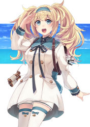 Rule 34 | 1girl, abyssal ship, backpack, bag, binoculars, blonde hair, blue eyes, blue hairband, breasts, commentary request, cowboy shot, dress, escort water princess, gambier bay (kancolle), hairband, highres, ido (teketeke), kantai collection, large breasts, open mouth, revision, sailor dress, salute, smile, solo, teeth, thighhighs, twintails, upper teeth only, white dress, white thighhighs