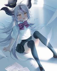 Rule 34 | 1girl, bird, black thighhighs, blush, crow, crow (la+ darknesss), demon girl, demon horns, hololive, holox, horns, la+ darknesss, long hair, mannermana, multicolored hair, open mouth, pointy ears, purple hair, school uniform, striped horns, tagme, thighhighs, thighs, very long hair, virtual youtuber, white hair, yellow eyes, zettai ryouiki