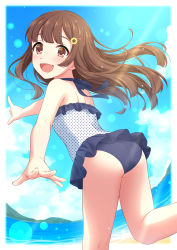 Rule 34 | 1girl, :d, absurdres, ass, bare arms, bare shoulders, blush, brown eyes, brown hair, casual one-piece swimsuit, commentary request, day, feet out of frame, floating hair, flower, frilled swimsuit, frills, hair flower, hair ornament, hairclip, highres, long hair, looking at viewer, looking back, one-piece swimsuit, open mouth, original, outdoors, outstretched arm, pointing, polka dot, polka dot swimsuit, sekina, smile, solo, standing, standing on one leg, sunflower, sunflower hair ornament, swimsuit, very long hair, white one-piece swimsuit, yellow flower