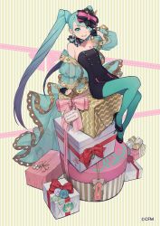 Rule 34 | 1girl, :d, anniversary, aqua eyes, aqua flower, aqua hair, aqua neckwear, aqua pantyhose, aqua ribbon, arm support, bare shoulders, black bow, black dress, black footwear, black gloves, bow, box, breasts, character name, character print, choker, commentary request, dress, earrings, flower, gift, gift box, gloves, gradient hair, green pantyhose, hair bow, half gloves, hatsune miku, high heels, highres, iwato1712, jewelry, knee up, leaning back, long hair, looking at viewer, multicolored hair, open mouth, pantyhose, pink bow, platform footwear, puffy sleeves, purple flower, ribbon, ribbon choker, see-through, short dress, sitting, small breasts, smile, solo, stacking, strapless, strapless dress, striped, striped background, twintails, two-tone bow, two-tone hair, vertical stripes, very long hair, vocaloid, white flower