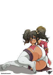 Rule 34 | 1girl, all fours, anise tatlin, ass, ass focus, ass press, bare shoulders, barefoot, blush, brown eyes, brown hair, cameltoe, come hither, detached sleeves, from behind, highres, huge ass, long hair, looking at viewer, looking back, panties, shimetta masuta, shiny skin, shortstack, smile, solo, tales of (series), tales of the abyss, thighhighs, twintails, underwear