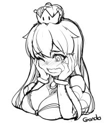 Rule 34 | 1girl, absurdres, breasts, cleavage, cropped torso, crown, greyscale, highres, long hair, mario (series), medium breasts, monochrome, nintendo, princess king boo, simple background, sketch, super crown, tears, wavy mouth, white background