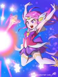 Rule 34 | 1girl, alternate costume, alternate hair color, alternate hairstyle, bow, brooch, elbow gloves, gloves, highres, jewelry, jumping, league of legends, lux (league of legends), magical girl, phantom ix row, pink hair, ribbon, solo, star (symbol), star guardian (league of legends), star guardian lux, thighhighs, tiara, wand, zettai ryouiki
