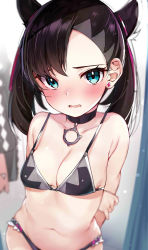 Rule 34 | 1girl, absurdres, arm behind back, asymmetrical bangs, bare shoulders, bikini, black bikini, black hair, blue eyes, blurry, blush, breasts, choker, cleavage, collarbone, commentary request, creatures (company), depth of field, earrings, embarrassed, game freak, highres, jewelry, long hair, looking at viewer, marnie (pokemon), medium breasts, navel, nintendo, open mouth, pokemon, pokemon swsh, rouka (akatyann), solo, standing, stomach, swimsuit, twintails