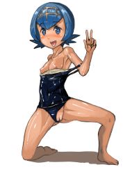 Rule 34 | 10s, 1girl, alternate color, bare arms, bare legs, bare shoulders, barefoot, blue eyes, blue hair, blunt bangs, breasts, cleft of venus, clothes down, clothes pull, clothing aside, creatures (company), feet, female focus, full body, game freak, hair between eyes, hairband, lana (pokemon), nintendo, nipples, one-piece swimsuit, one-piece swimsuit pull, open mouth, pokemon, pokemon (anime), pokemon sm, pokemon sm (anime), pussy, shadow, shiny clothes, shiny skin, short hair, simple background, small breasts, smile, solo, sweat, swimsuit, swimsuit aside, takane (lovehatsune), toes, tongue, tongue out, trial captain, uncensored, v, white background