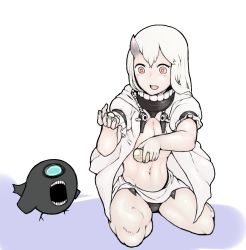 Rule 34 | 1girl, :d, abyssal ship, alternate skin color, black panties, commentary request, convenient arm, crossed bangs, enemy aircraft (kancolle), escort princess, fingernails, food, full body, geromonja teitoku, grey nails, groin, hair between eyes, holding, holding food, horns, kantai collection, kneeling, legs apart, long hair, looking at another, nail polish, navel, open mouth, orange pupils, pale skin, panties, potato, puffy short sleeves, puffy sleeves, revealing clothes, short sleeves, simple background, single horn, smile, solo, stomach, tareme, underwear, white background, white hair