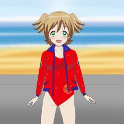Rule 34 | 1girl, arms at sides, blonde hair, blue sky, blush, breasts, cleavage, cowboy shot, daiba nana, dot nose, female focus, green eyes, horizon, jacket, leopauldelr, looking at viewer, medium breasts, one-piece swimsuit, open clothes, open jacket, red jacket, red one-piece swimsuit, shoujo kageki revue starlight, sky, solo, swimsuit, swimsuit under clothes, wet, wet clothes, wet jacket, wet swimsuit