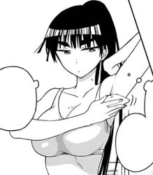 Rule 34 | 1girl, arm up, armpits, breasts, cleavage, collarbone, ebino mei, hatsukoi zombie, large breasts, long hair, lowres, monochrome, official art, ponytail, thick eyebrows