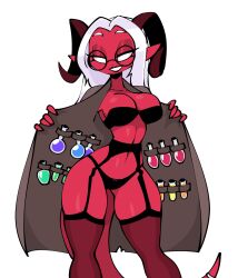 Rule 34 | coat, colored skin, flashing, glasses, horns, indie virtual youtuber, melissa belladonna, potion, red-skinned female, red skin, tail, white hair