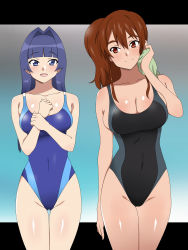 Rule 34 | 2girls, :d, arm at side, bare arms, bare legs, bare shoulders, black one-piece swimsuit, blue eyes, blue hair, blue one-piece swimsuit, blush, breasts, brown hair, c:, cleavage, clenched hands, closed mouth, collarbone, competition swimsuit, covered navel, cowboy shot, drying, female focus, hair intakes, hand up, hands up, highres, kagemusha, large breasts, legs, long hair, looking at another, looking at viewer, medium breasts, multiple girls, neck, one-piece swimsuit, open mouth, original, ponytail, red eyes, sidelocks, smile, standing, swimsuit, towel