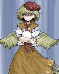 Rule 34 | 1girl, bird tail, bird wings, blonde hair, bucky (chainsaw man), chainsaw man, closed mouth, dress, fe (tetsu), feathered wings, hair between eyes, highres, multicolored hair, niwatari kutaka, orange dress, red eyes, red hair, shirt, short hair, short sleeves, smile, solo, tail, touhou, trait connection, two-tone hair, white shirt, wings, yellow wings