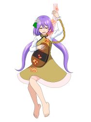 1girl absurdres barefoot closed_eyes dress highres long_sleeves low_twintails puffy_long_sleeves puffy_sleeves purple_hair simple_background smile solo tatsu_toyoyo touhou tsukumo_benben twintails white_background yellow_dress