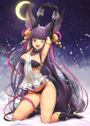 Rule 34 | 1girl, animal ears, armpits, arms up, bare legs, barefoot, black gloves, black panties, blunt bangs, breasts, crescent moon, crystal shoujo, fang, fox ears, fox tail, full body, gloves, granblue fantasy, highres, kneeling, large breasts, long hair, looking at viewer, moon, one eye closed, open mouth, panties, purple eyes, purple hair, revision, smile, solo, tail, thigh strap, toeless legwear, underwear, very long hair, yuel (granblue fantasy)