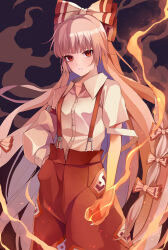 Rule 34 | 1girl, absurdres, baggy pants, blush, bow, buttons, collared shirt, fire, fujiwara no mokou, grey hair, hair bow, hand in pocket, highres, koizumo, long hair, looking at viewer, open mouth, pants, red eyes, red pants, shirt, sleeve garter, solo, touhou, white bow, white shirt
