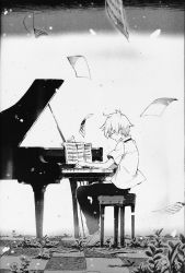 Rule 34 | 00s, 1boy, barefoot, closed eyes, flower, flying paper, greyscale, highres, instrument, kiikanna, male focus, monochrome, necktie, paper, piano, piano no mori, plant, scan, short hair, sitting, solo, soul eater, soul evans