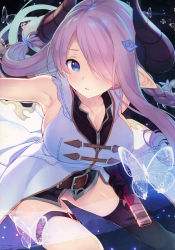 Rule 34 | 1girl, absurdres, armpits, bare shoulders, belt, belt buckle, black gloves, black thighhighs, blue eyes, blush, braid, breasts, buckle, bug, butterfly, cleavage, collarbone, draph, gloves, glowing butterfly, gluteal fold, granblue fantasy, hair ornament, hair over one eye, hairclip, highres, holding, horns, insect, large breasts, leaning forward, long hair, looking at viewer, narmaya (granblue fantasy), outstretched arm, parted lips, pink hair, pointy ears, scan, sheath, shiny skin, simple background, single thighhigh, sleeveless, solo, tatami to hinoki, thigh strap, thighhighs
