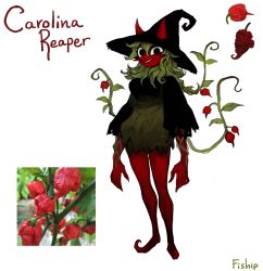Rule 34 | 1girl, absurdres, artist name, bare legs, black eyes, black hat, carolina reaper, colored skin, dress, grin, hat, highres, horns, horns through headwear, long nose, long sleeves, looking at viewer, matilda fiship, monster girl, no feet, original, pepper, plant, plant girl, pointy nose, red skin, short dress, simple background, smile, vines, white background, witch hat