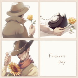 Rule 34 | 2boys, antique phone, bandana, bandana around neck, brown coat, brown hair, brown headwear, coat, commentary, cowboy hat, english text, facial hair, father&#039;s day, fedora, flint (mother 3), flower, george (mother), goatee, hat, highres, holding, holding flower, long sleeves, male focus, mother (game), mother 1, mother 2, mother 3, multiple boys, ness&#039;s father, nintendo, phone, red bandana, rose, rotary phone, shifumame, sideburns, sunflower, yellow flower, yellow rose