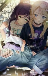 Rule 34 | 2girls, ayase eli, blonde hair, blue eyes, blush, breasts, choker, denim, fishnets, green eyes, highres, jeans, jewelry, long hair, looking at viewer, love live!, love live! school idol project, multiple girls, necklace, pants, purple hair, torn clothes, tojo nozomi, twintails, unbuttoned, unzipped, yuri, zawawa (satoukibi1108)