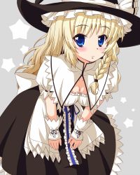 Rule 34 | 1girl, apron, blonde hair, blue eyes, blush, bow, braid, breasts, capelet, cleavage, curiosities of lotus asia, grey background, hands on thighs, hat, hat ribbon, highres, kirisame marisa, leaning forward, light smile, long hair, looking at viewer, md5 mismatch, puffy short sleeves, puffy sleeves, ribbon, short sleeves, single braid, solo, star (symbol), starry background, touhou, utakata (azaka00), waist apron, witch hat, wrist cuffs