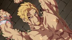 Rule 34 | 1boy, arm tattoo, armpit hair, armpits, bara, beowulf (fate), blonde hair, bound, bound arms, dark-skinned male, dark skin, facial hair, fate/grand order, fate (series), goatee, highres, konohanaya, large pectorals, looking at viewer, magic, male focus, mature male, muscular, muscular male, nipples, paid reward available, pectorals, red eyes, scar, scar on chest, short hair, sideburns, solo, tattoo, topless male, veins