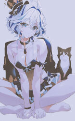 Rule 34 | 1girl, absurdres, ahoge, alternate breast size, alternate costume, barefoot, bikini, black cat, black choker, blue bow, blue brooch, blue eyes, blue hair, blue skirt, bow, breasts, breasts squeezed together, cat, choker, collarbone, dot nose, drop-shaped pupils, expressionless, furina (genshin impact), genshin impact, gloves, hat, highres, indian style, indol, large breasts, looking at viewer, medium hair, miniskirt, mismatched pupils, muted color, navel, pleated skirt, scrunchie, sitting, skirt, swimsuit, symbol-shaped pupils, top hat, white background, white gloves, white hair, wrist scrunchie