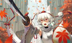 Rule 34 | 1girl, angry, animal ear fluff, animal ears, arm ribbon, colored inner hair, commentary request, detached sleeves, falling leaves, fangs, hair between eyes, hand up, harapan-kun, hat, highres, hikimayu, holding, holding shield, holding sword, holding weapon, inubashiri momiji, katana, leaf, leaf print, looking ahead, maple leaf, maple leaf print, multicolored hair, open mouth, outdoors, pointing sword, pom pom (clothes), red eyes, red hat, red ribbon, reflection, ribbon, ribbon-trimmed sleeves, ribbon trim, shaded face, shield, shirt, short hair, shouting, sleeveless, sleeveless shirt, slit pupils, solo, sword, teeth, thick eyebrows, tokin hat, touhou, tsuba (guard), turtleneck, unsheathed, upper body, v-shaped eyebrows, water, waterfall, wavy hair, weapon, white hair, white shirt, wide sleeves, wolf ears